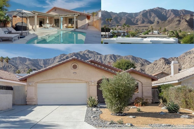 exterior space with a garage, a mountain view, concrete driveway, and stucco siding