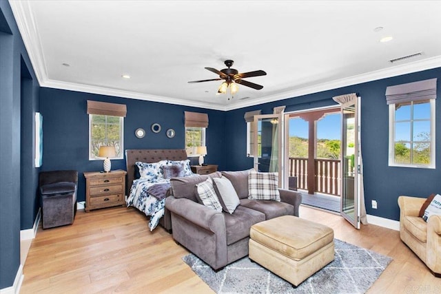 bedroom featuring ceiling fan, light hardwood / wood-style floors, ornamental molding, and access to outside