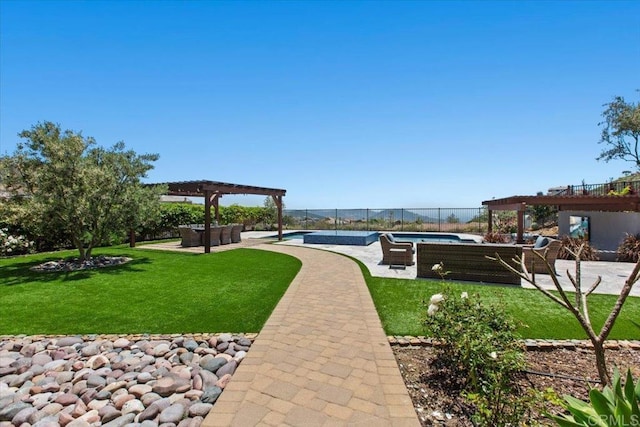 view of community with a lawn, a pergola, a patio, and a swimming pool