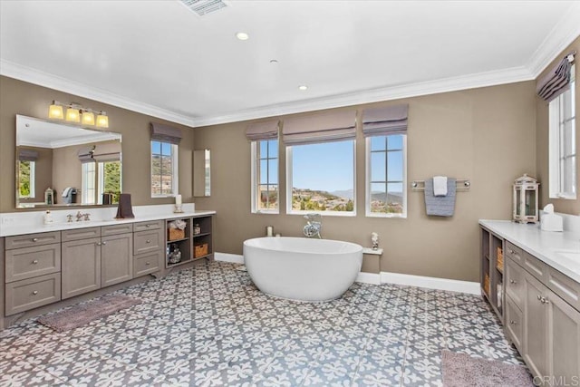 bathroom with a washtub, vanity, and ornamental molding