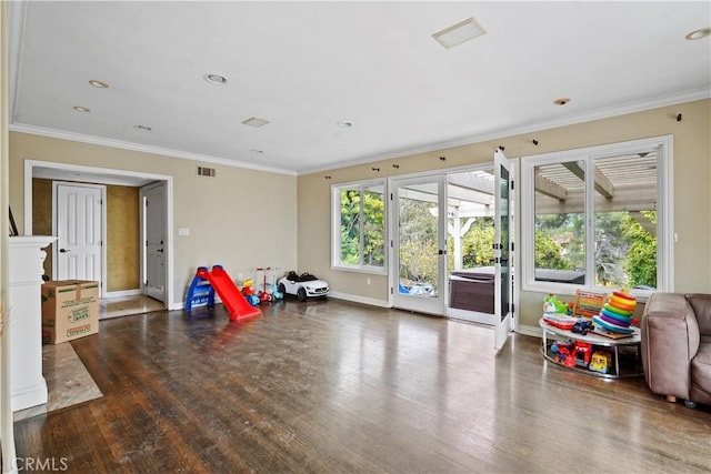 rec room featuring wood-type flooring and crown molding