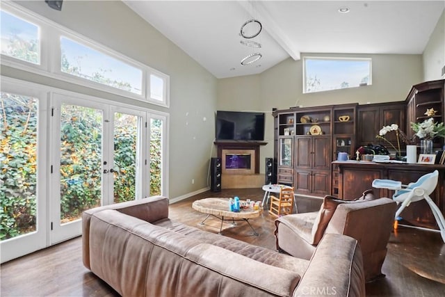 living room featuring french doors, hardwood / wood-style floors, high vaulted ceiling, and beamed ceiling