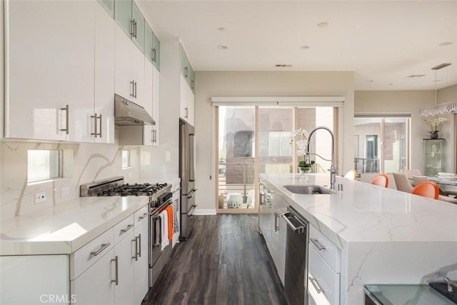 kitchen featuring white cabinets, a kitchen island with sink, dark hardwood / wood-style floors, and stainless steel appliances