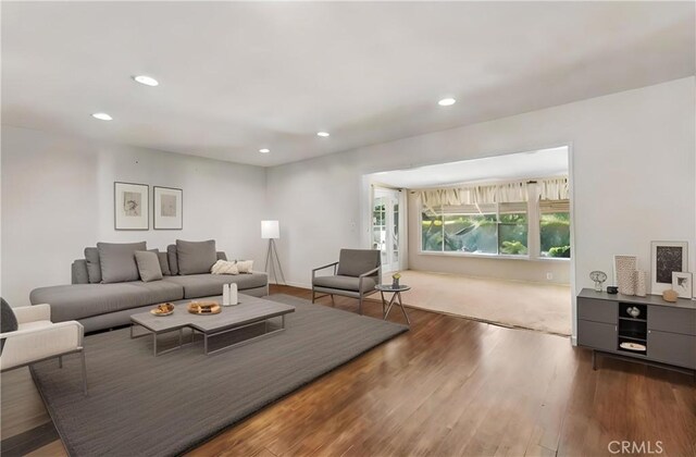 living room with dark hardwood / wood-style flooring