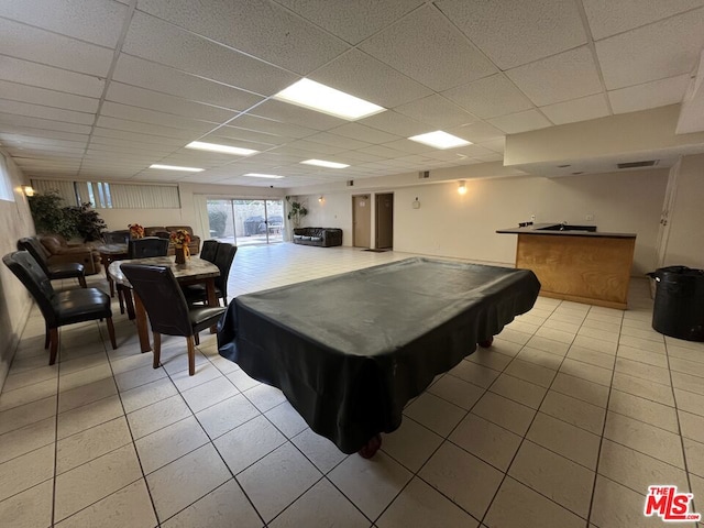 recreation room featuring light tile patterned flooring, billiards, and a drop ceiling