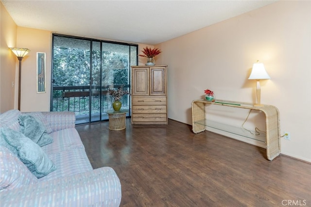 living area with a wall of windows and wood finished floors