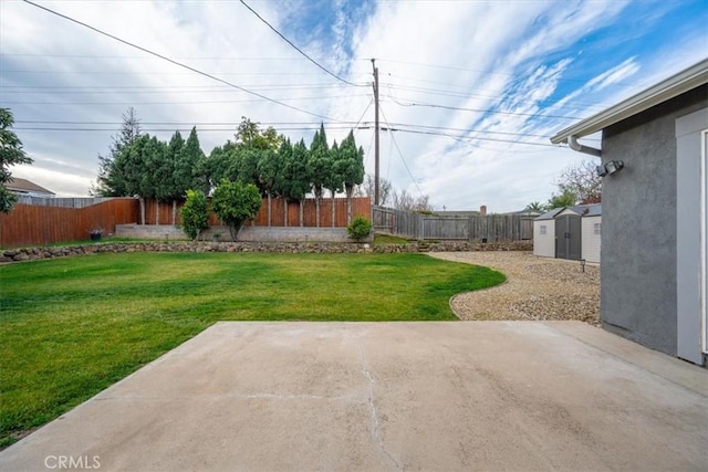 view of yard with a patio area and a storage shed