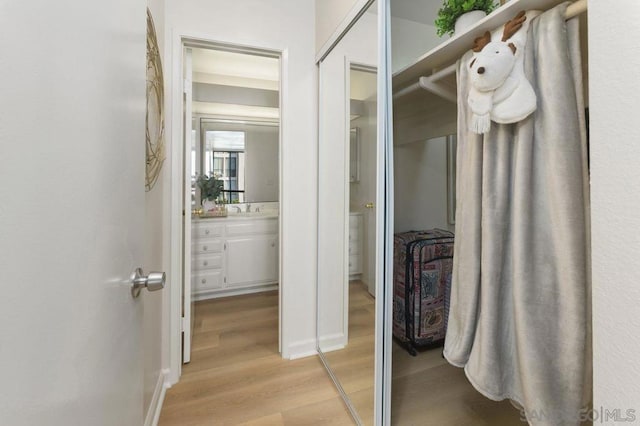 bathroom with vanity and hardwood / wood-style floors