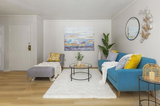 living area featuring wood-type flooring and crown molding