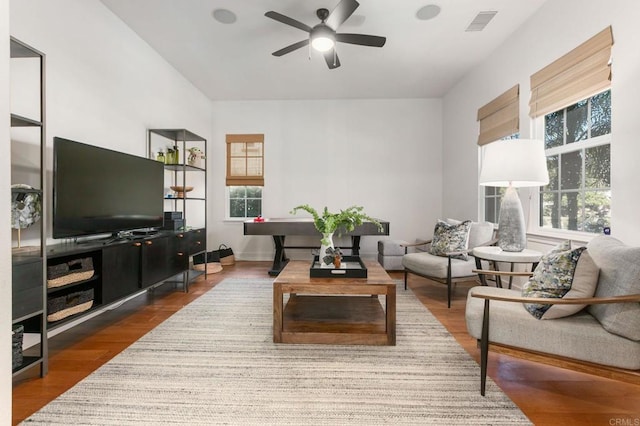 living room with ceiling fan and wood-type flooring