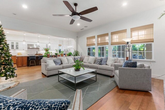 living room with hardwood / wood-style flooring and ceiling fan