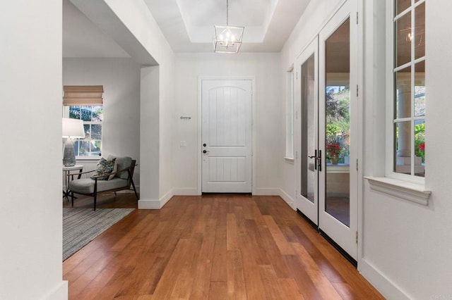 entrance foyer featuring hardwood / wood-style flooring, plenty of natural light, a raised ceiling, and an inviting chandelier