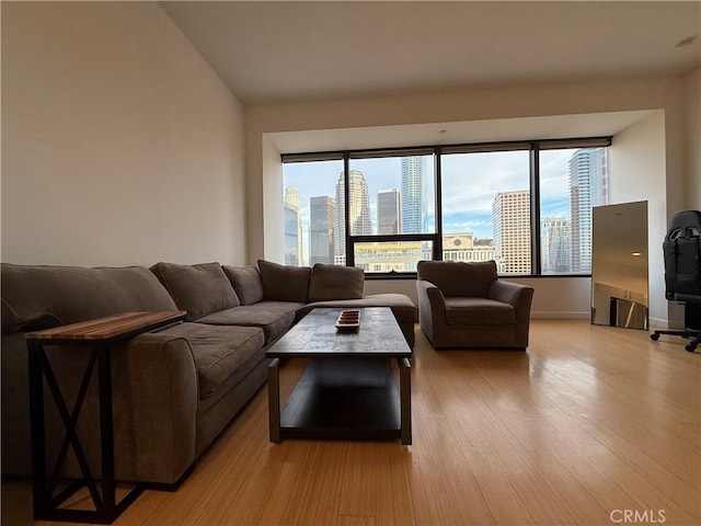 living room with vaulted ceiling and light hardwood / wood-style flooring