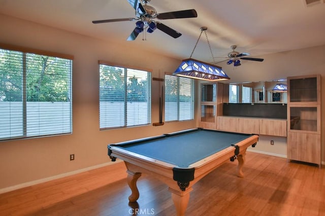 playroom with ceiling fan, billiards, and light wood-type flooring