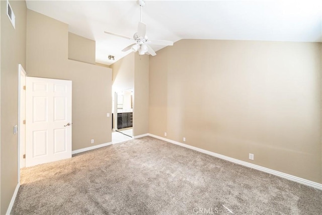 interior space with ceiling fan and vaulted ceiling