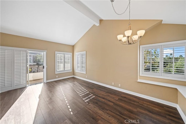 unfurnished dining area with vaulted ceiling with beams, a healthy amount of sunlight, dark hardwood / wood-style floors, and a notable chandelier