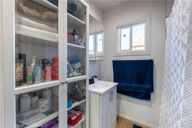 interior space with hardwood / wood-style flooring and vanity