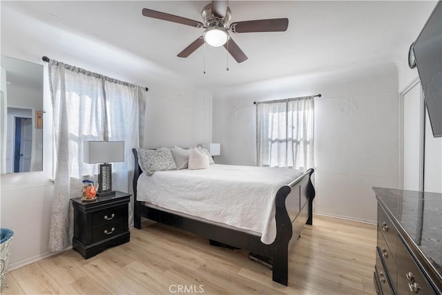 bedroom with ceiling fan and light wood-type flooring