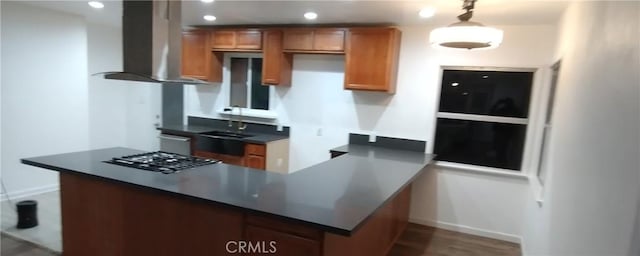 kitchen featuring island exhaust hood, stainless steel appliances, kitchen peninsula, and sink