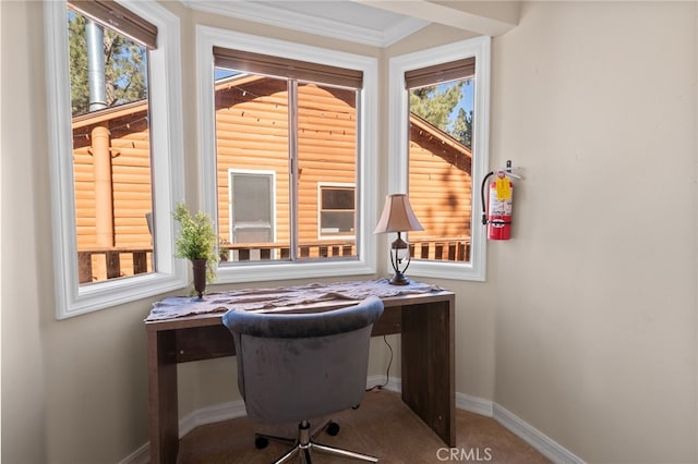 office with crown molding, a healthy amount of sunlight, and carpet floors