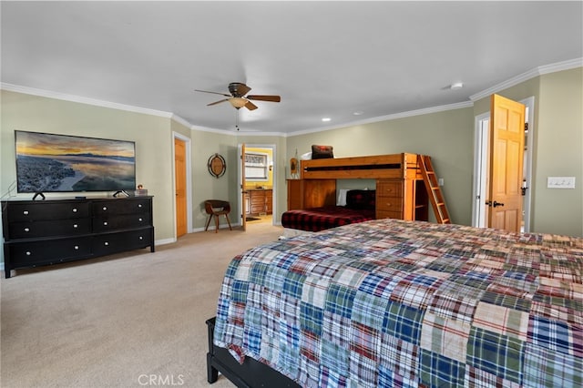 bedroom featuring ceiling fan, light carpet, and crown molding