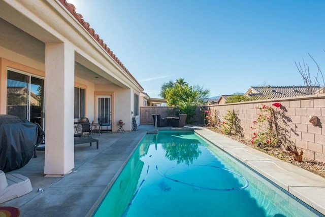 view of pool featuring a patio area and grilling area