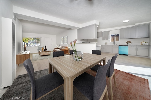 dining space with sink, a textured ceiling, and light wood-type flooring