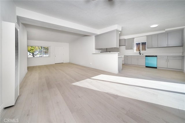 unfurnished living room with sink and light hardwood / wood-style flooring