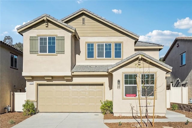 34260 Summer Ln, Yucaipa, CA 92399 - view of front facade featuring a tiled roof, fence, and an attached garage
