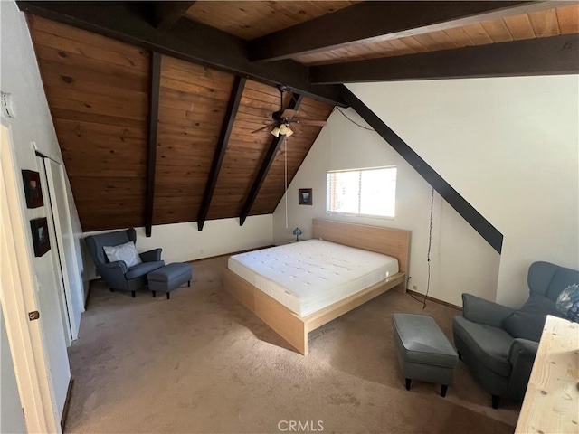 unfurnished bedroom featuring wood ceiling, carpet floors, and lofted ceiling with beams