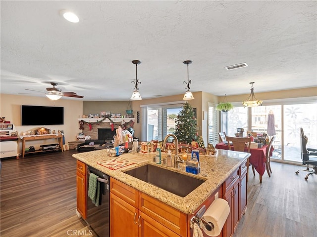 kitchen with black dishwasher, a kitchen island with sink, decorative light fixtures, light stone countertops, and sink