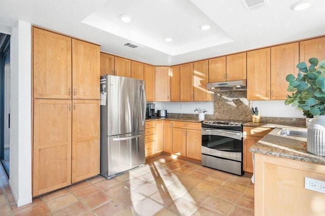 kitchen featuring a raised ceiling, appliances with stainless steel finishes, dark stone countertops, and tasteful backsplash