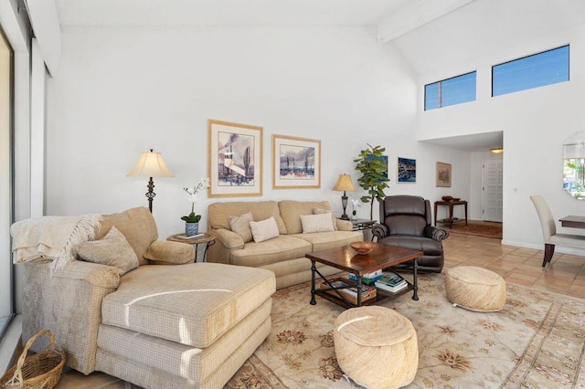 living room with high vaulted ceiling, a healthy amount of sunlight, tile patterned floors, and beamed ceiling