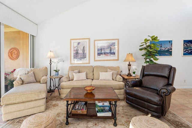 living room featuring lofted ceiling