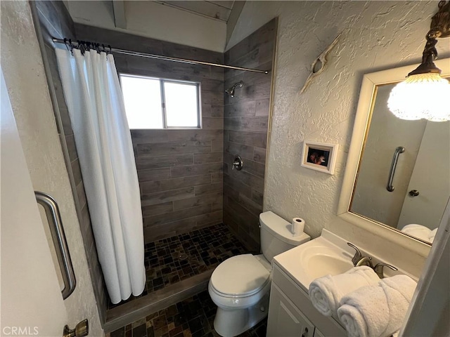 bathroom featuring curtained shower, toilet, and vanity