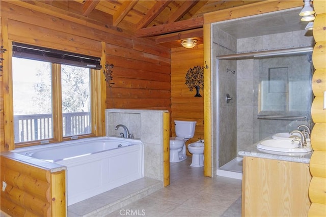 full bathroom with toilet, a bidet, independent shower and bath, tile patterned floors, and vaulted ceiling with beams