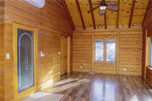 spare room featuring wooden ceiling, wood-type flooring, rustic walls, and vaulted ceiling with beams