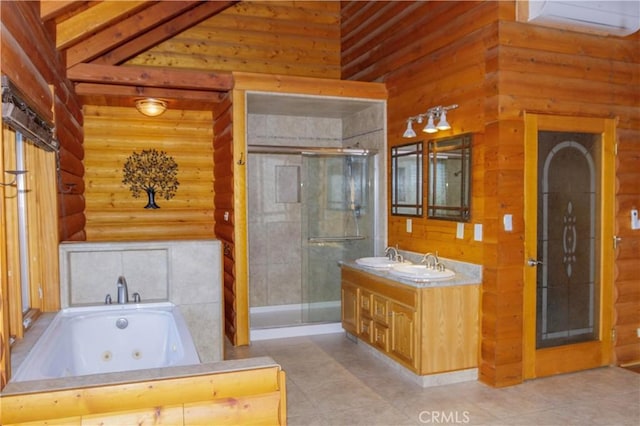 bathroom featuring tile patterned floors, vanity, log walls, and shower with separate bathtub