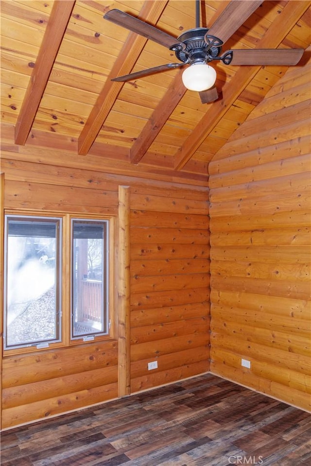 unfurnished room featuring log walls, dark hardwood / wood-style flooring, vaulted ceiling with beams, ceiling fan, and wooden ceiling