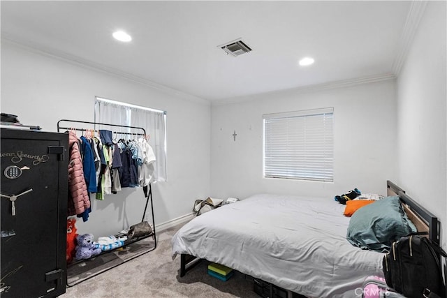 bedroom featuring carpet and ornamental molding