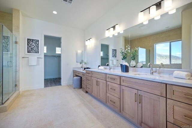 bathroom featuring walk in shower and vanity