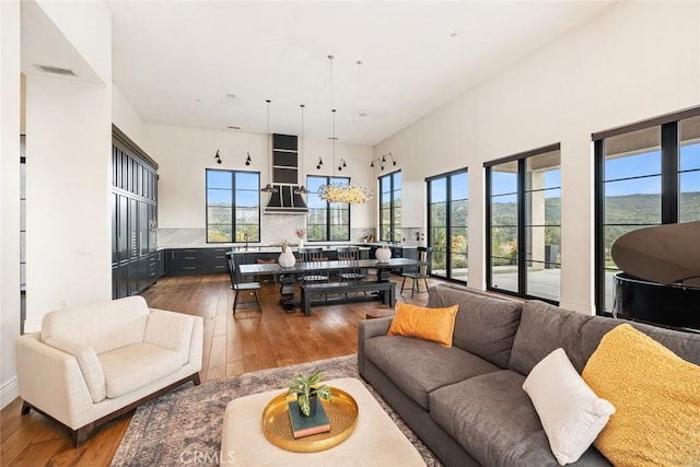 living room featuring a towering ceiling and hardwood / wood-style floors