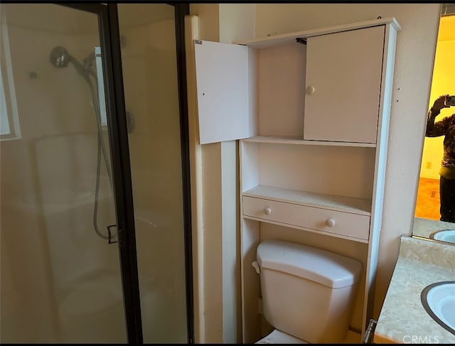 bathroom featuring an enclosed shower, vanity, and toilet