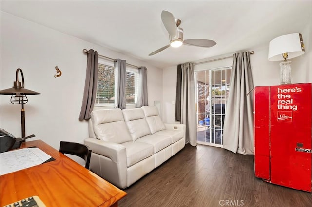 living room featuring ceiling fan and dark hardwood / wood-style floors