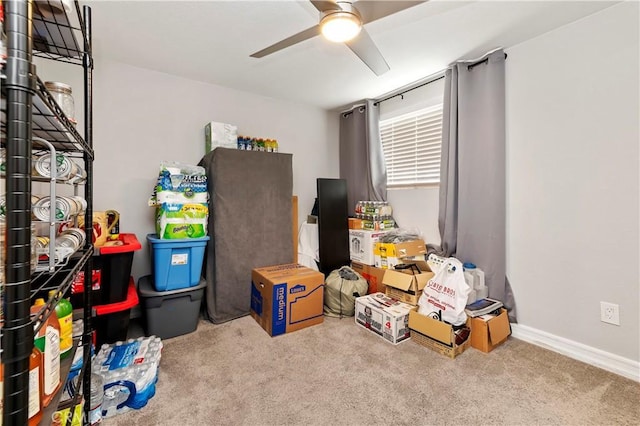 storage area featuring ceiling fan