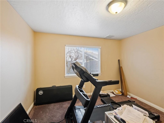 exercise room with carpet floors and a textured ceiling