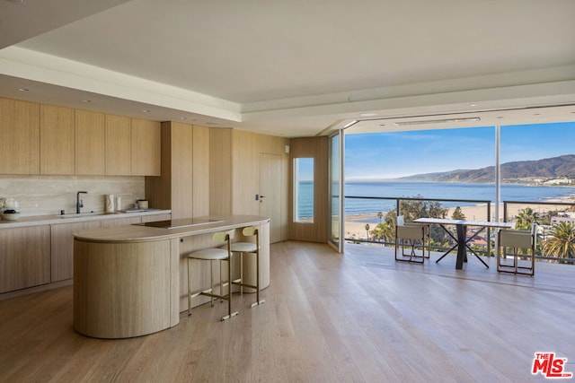 kitchen with light hardwood / wood-style floors, a kitchen breakfast bar, a water and mountain view, a kitchen island, and sink