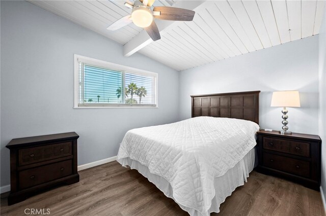 bedroom featuring dark hardwood / wood-style floors, lofted ceiling with beams, wooden ceiling, and ceiling fan