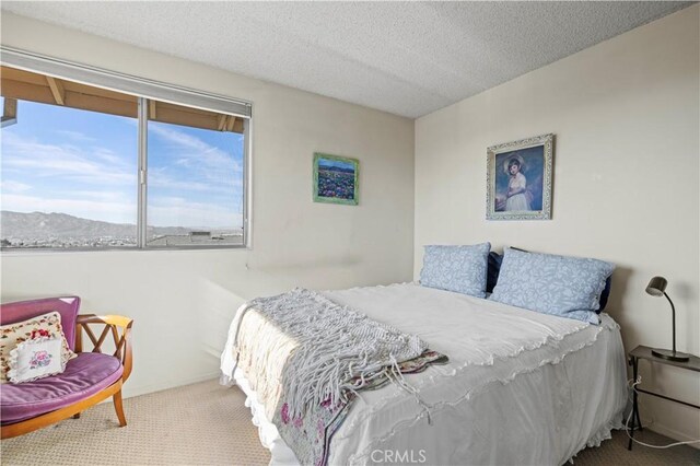 bedroom featuring carpet floors, a textured ceiling, and a mountain view