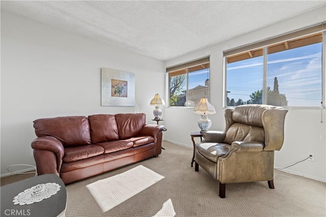 living room featuring light colored carpet and a textured ceiling